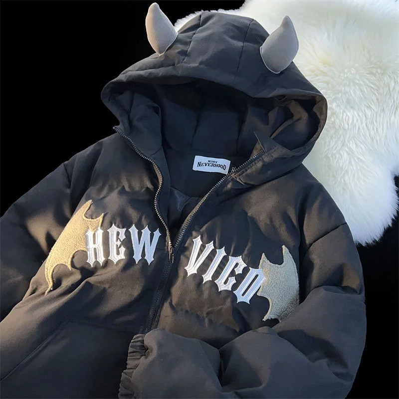 Winter American Style High Street Little Devil Bread Padded Jackets Female Y2K Couple Hooded Jacket Cotton Padded Coat 240824