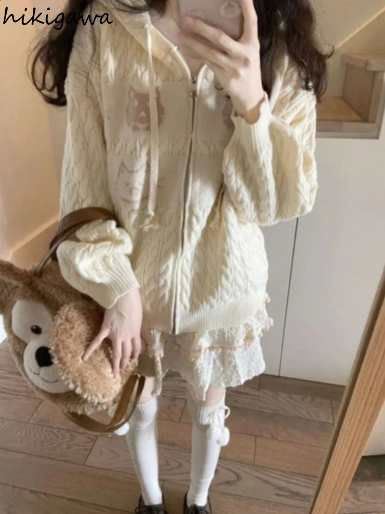 Knitwear Cardigan Tops Women Clothing Sueter Mujer Cute Cat Japanese Pull Femme Hooded Casual Knitted Oversized Sweater Coat 240824