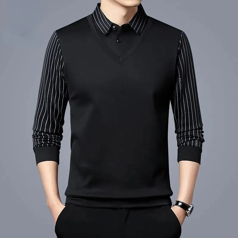 Mens T-shirt Turn-down Collar Spring Autumn Long Sleeve Button Stripe Print Fashion Polo Tees Casual Tops 240824