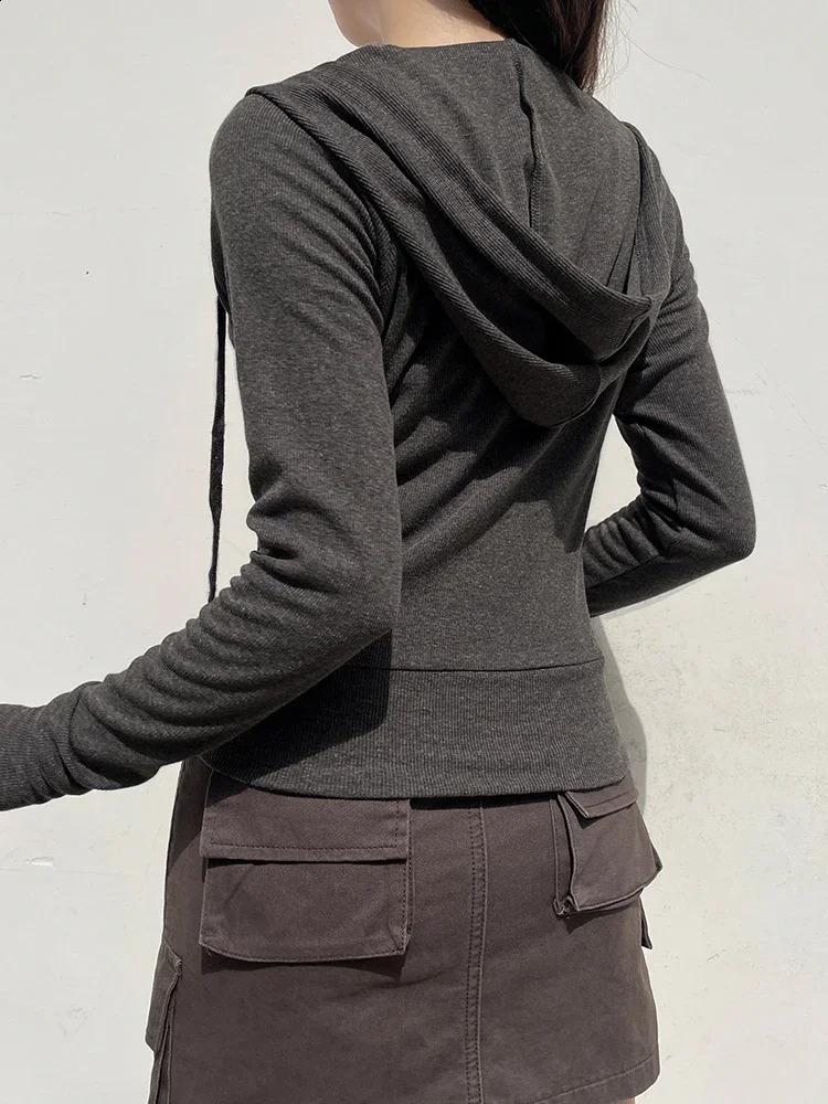 Casual Streetwear Basic Hooded Pockets Sweatshirt Tracksuit Solid Long Sleeve Women Vintage Zip Up Hoodies Fashion Sweatshirts 240824