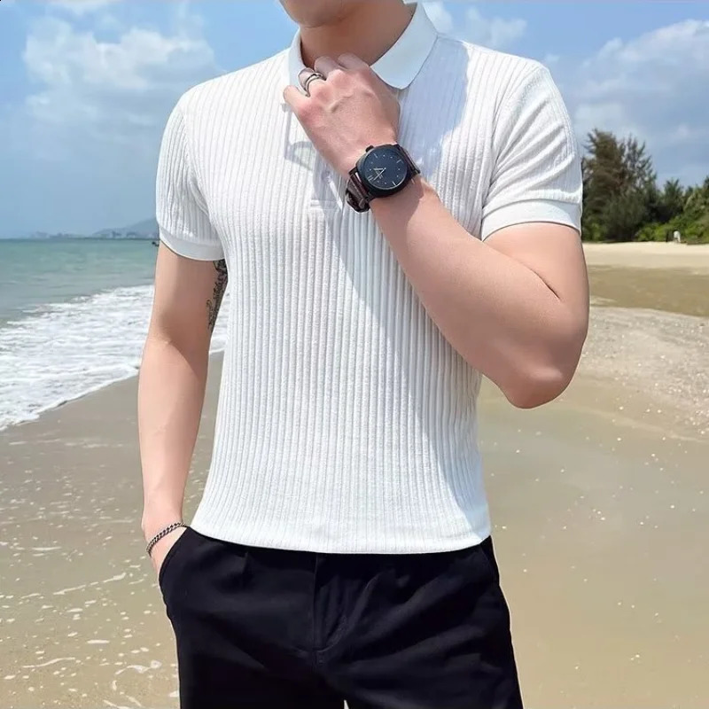 Mens Short Sleeve Slim Ice Silk Thin Style Summer Solid Color Korean Version Casual Lapel Spliced Button Polo Shirt 240824