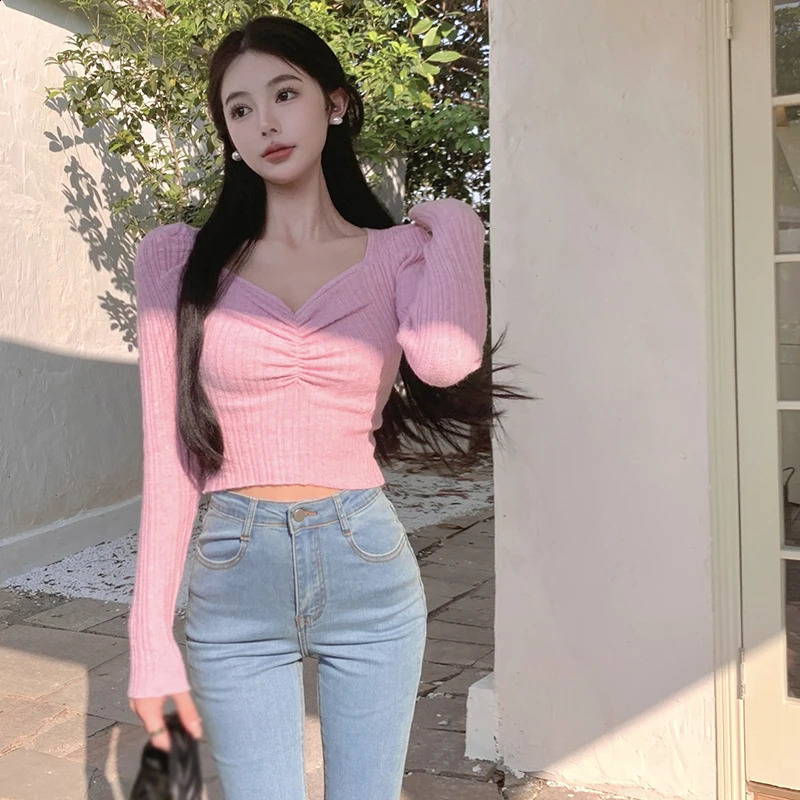 Womens Sweater Solid Colour Korean Version V Neck Slim Fashion Versatile Puff Long Sleeve Knitted T-Shirt 240824