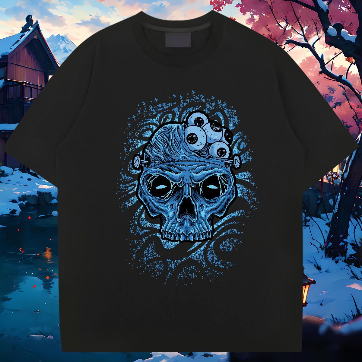 Loose Fit Mens T Shirts 230g Cotton skull Sports Casual Cartoon Print Breathable Soft Men Tshirts Casual New Clothes