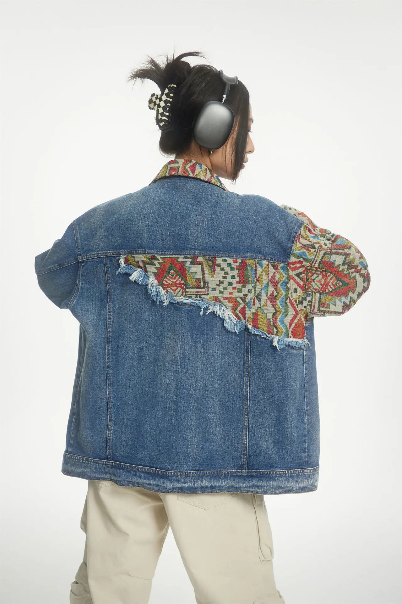Hip hop denim jacket mens street clothing winter casual patch work classic loose jeans Ropa Hombre 240824
