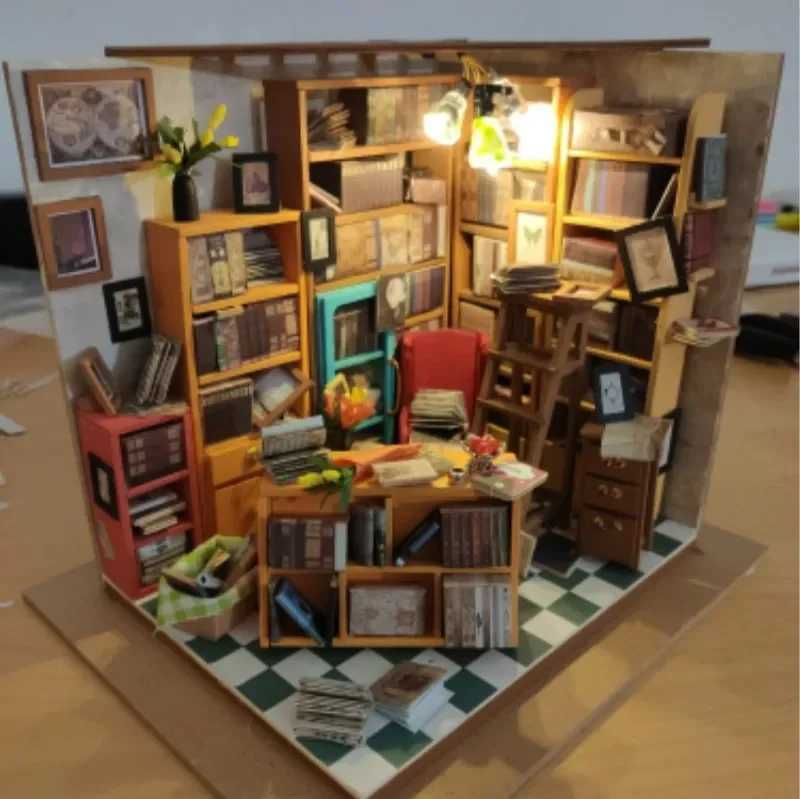 LED Bookstore doll house furniture diy dollhouse wood diy doll house miniature dollhouse furniture Kit children home puzzle Toys M240824
