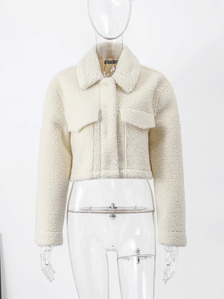 Leisure artificial cashmere short sleeved womens winter coat long lapel pocket autumn jacket warm streetwear 240824