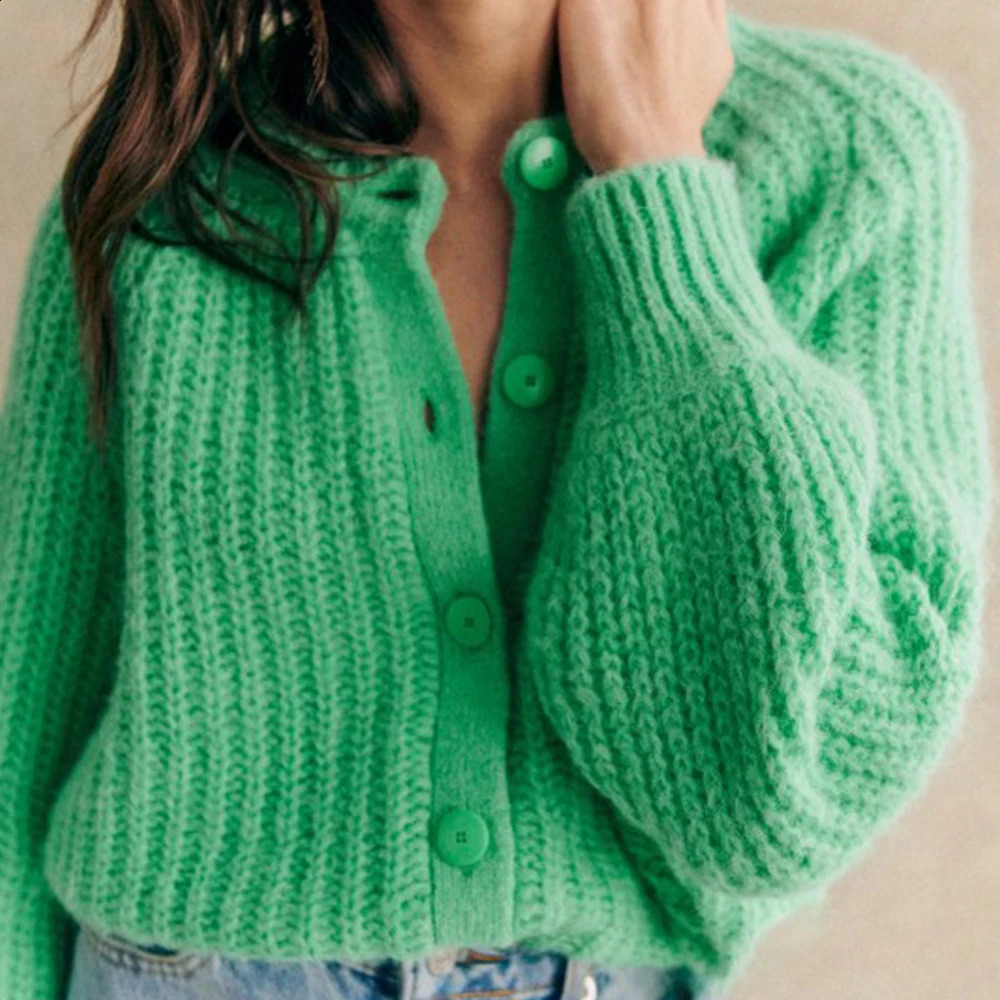 Casual Solid Knitted Cardigan For Women Oneck Long Sleeve Single Breasted Loose Soft Sweater 2024 Autumn Lady Tops Knitwear 240824