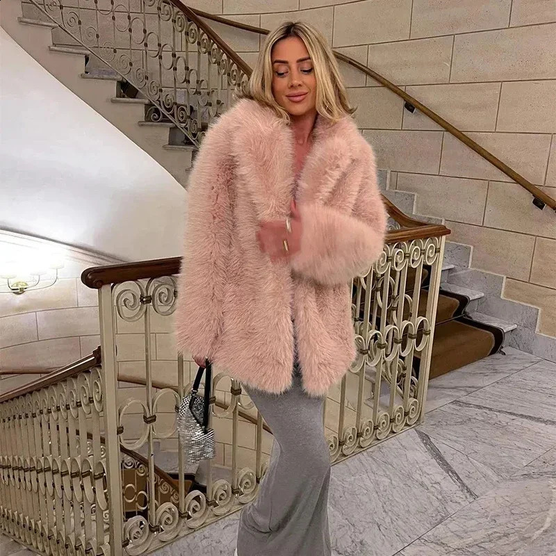 Fashionable Fluffy Fur Artificial Jacket Womens Winter Fury Coat Thick Medium to Long Fox 240824