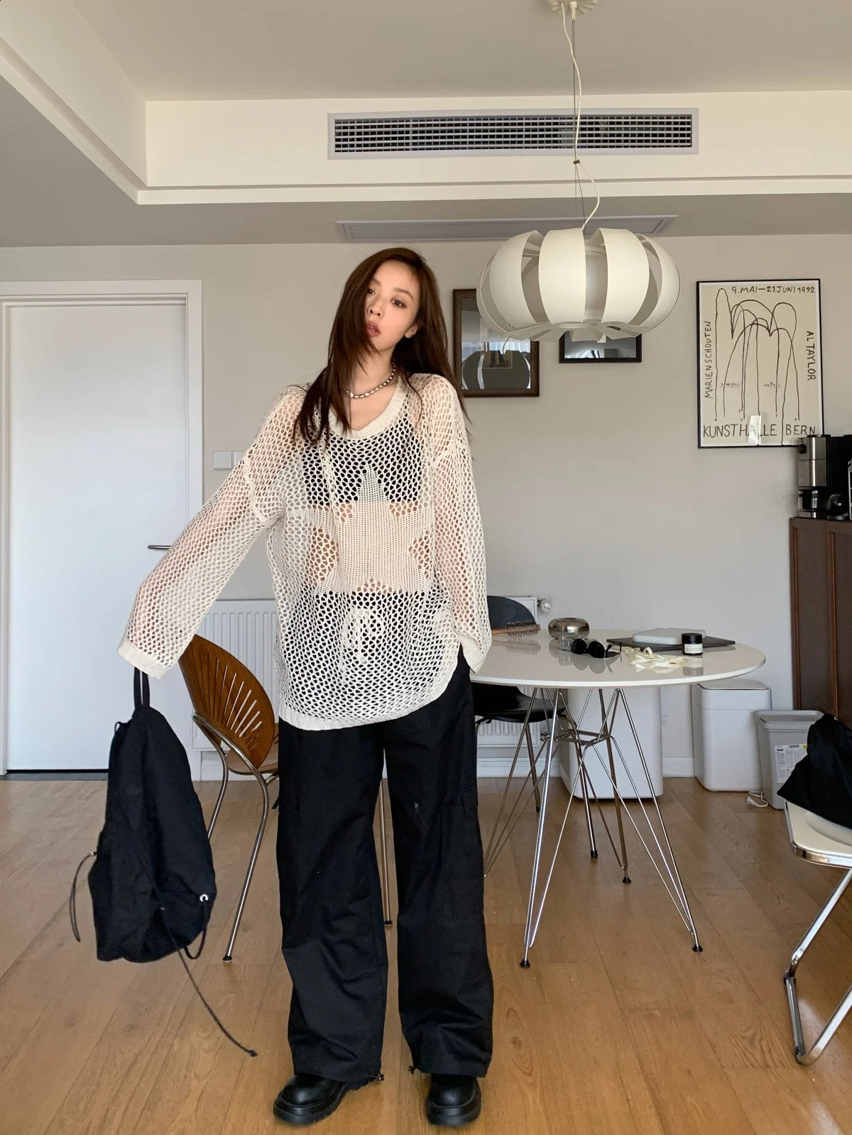 Loose Hollow Out Streetwear O-Neck Star Cover Up n Women Knitwear See Through Long Sleeve Casual Fashion Pullovers Tops 240824