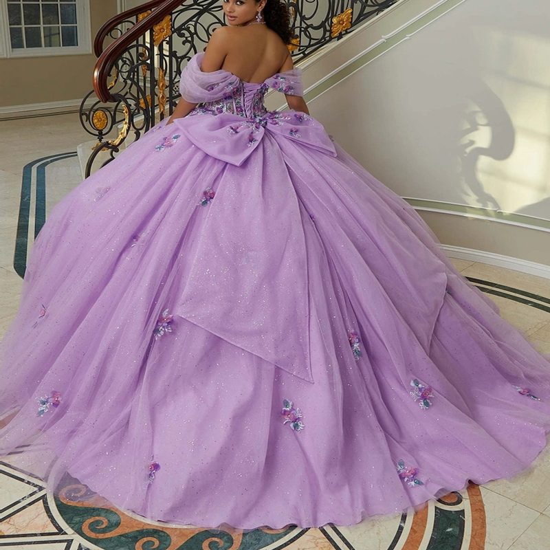 Lilac Shiny Mexican Quinceanera Dressess Off The Shoulder Applique Tull Lace Up Corset Sweet 16 Vestido 15 De Anos