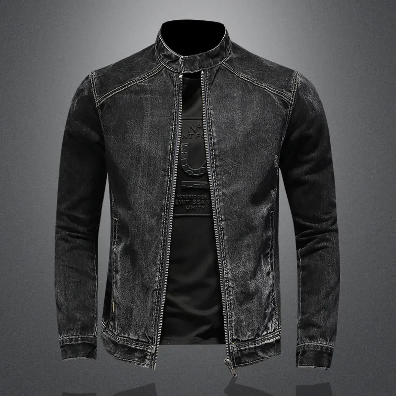 Mens retro stand up collar pilot jacket denim bomber Plus size 5XL slim fit zipper fashionable mens bicycle 240824