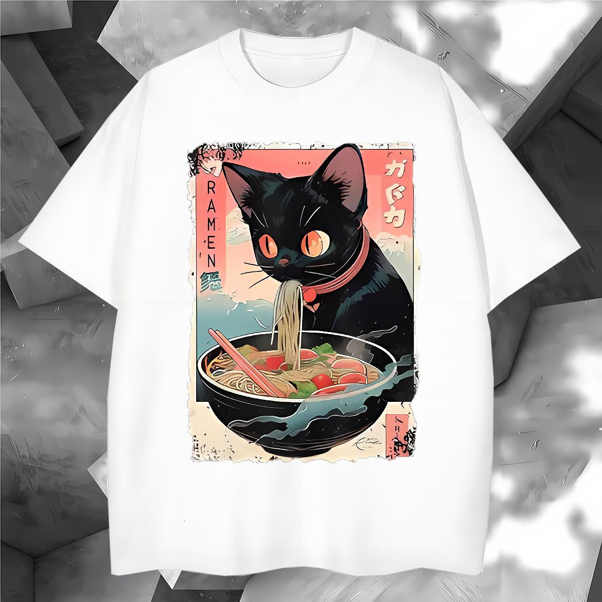 New Arrival Men Tops Tees The cat eats ramen noodles Street Wear 230g Pure Cotton Tee Shirt Short Sleeve Soft Classic T-Shirts White Plus Size