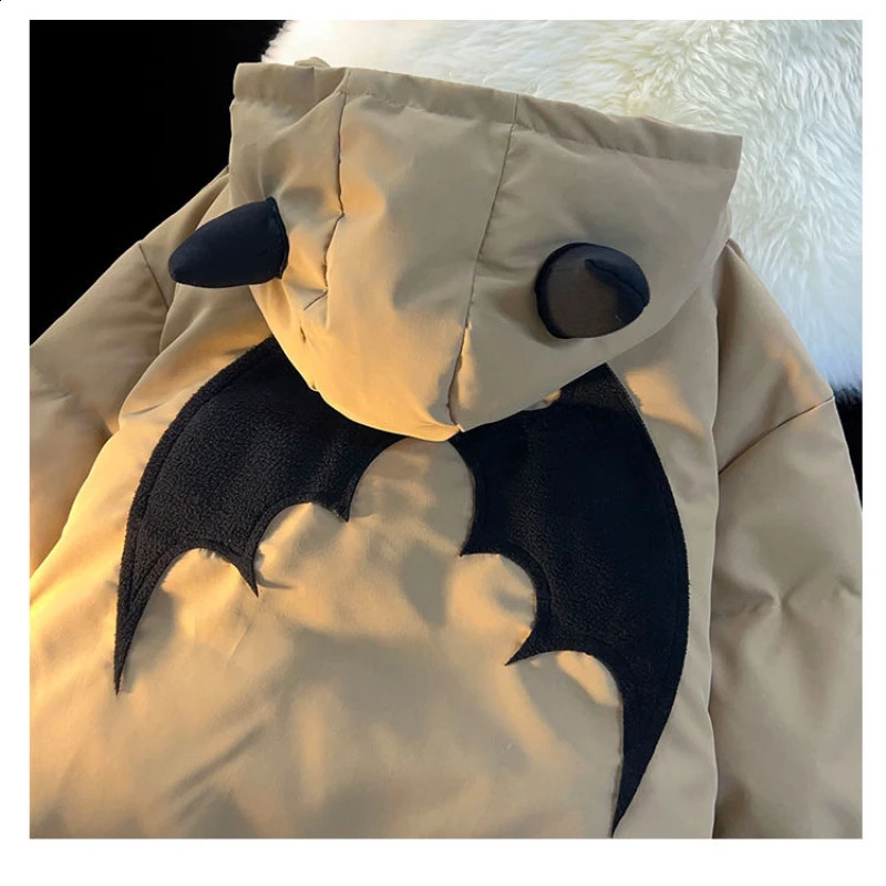 Winter American Style High Street Little Devil Bread Padded Jackets Female Y2K Couple Hooded Jacket Cotton Padded Coat 240824
