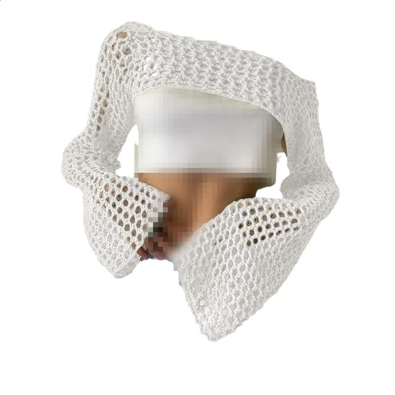 Women Loose Hollow Out Knitted Cropped Sweaters Spring Summer Female Long Sleeve Fishnet Knitwear Pullover Short Tops 240824
