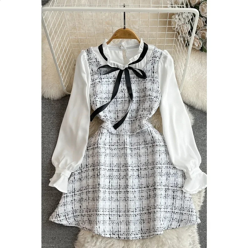 False Two Pieces Dresses for Women Plaid Patchwork Stand Collar Long Sleeve Tweed Vestidos Autumn Female Dress Drop 240824