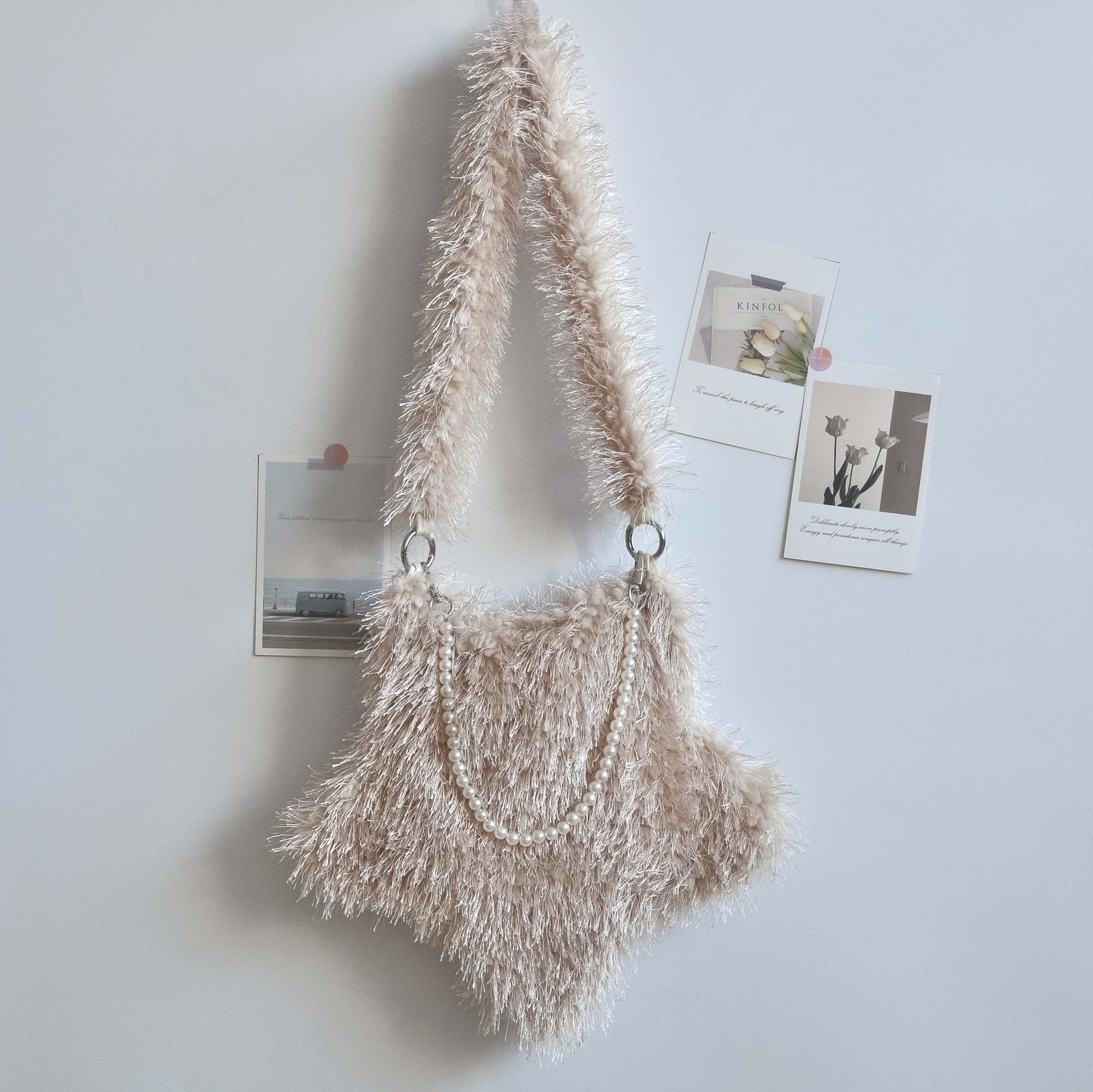Plush bag women's tassel kapok flower cute pentagonal star pearl chain shoulder bag