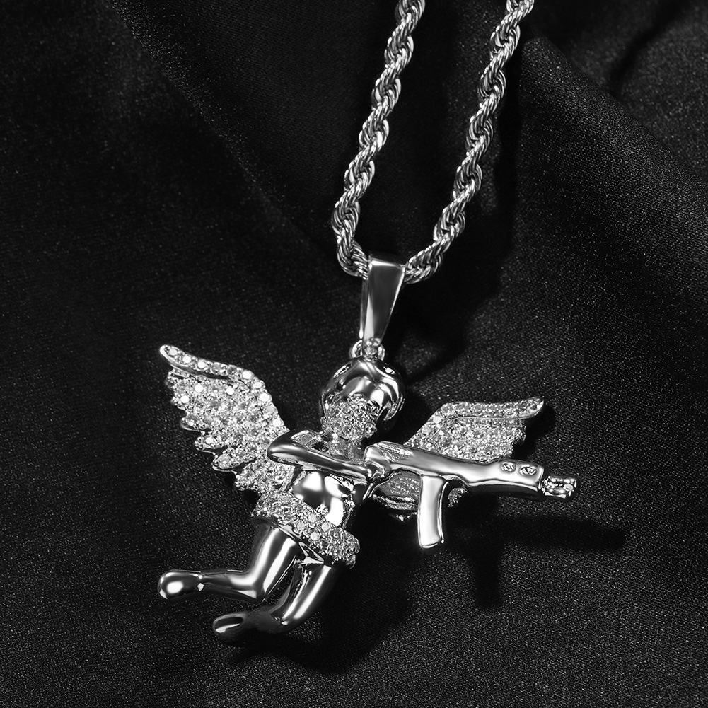Hip Hop Revenge Angel with Gun Pendant Necklace Full Zircon Winging Angel Men Women Lover Couple Jewelry