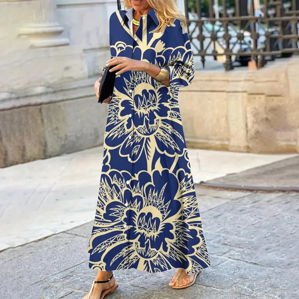 Summer Womens Dress Iapel Long-Sleeved Shirt Dress Classic Antique Porcelain Blue Pattern Single-Breasted Shirt Dress 240824