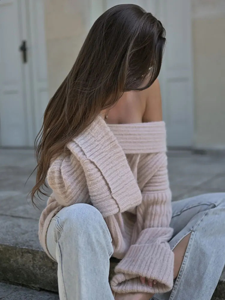 Slash Neck Off Shoulder Sweater For Women Casual Loose Long Sleeve Knitted Jumpers Autumn Winter Lady High Street Pullovers 240824