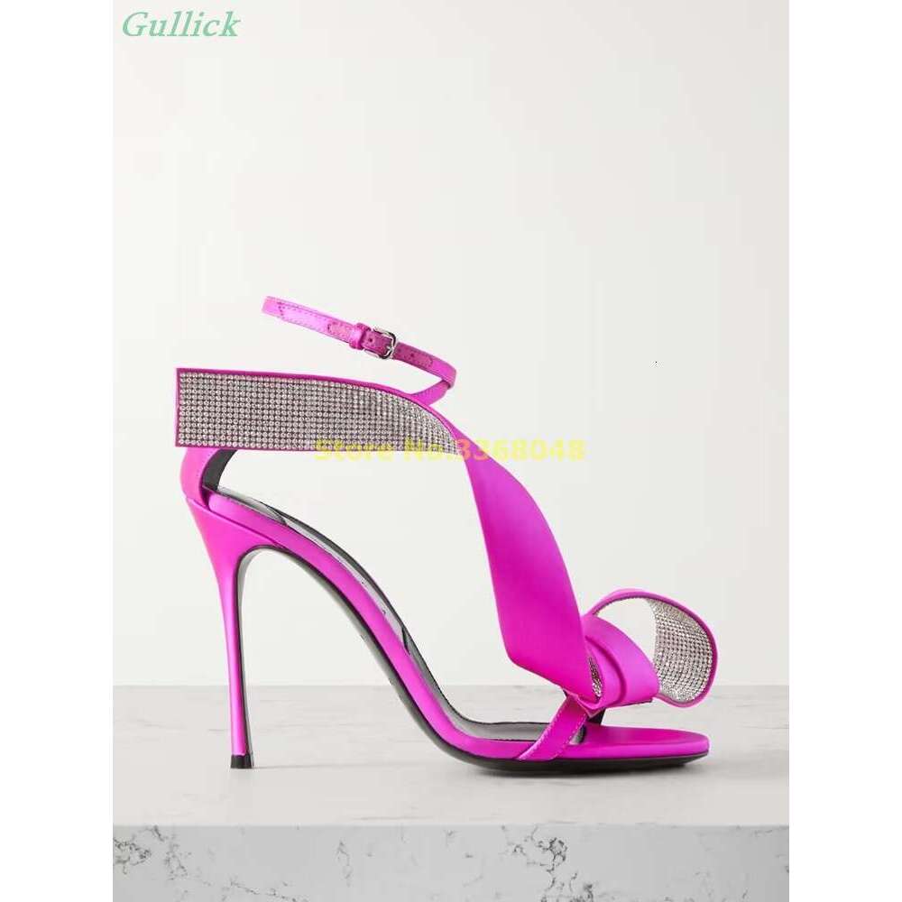 Crystal-Embellished Satin Yellow Rosy Red Thin Heel Ankle Cross Strap Crystal Women Summer Sandals High Heels