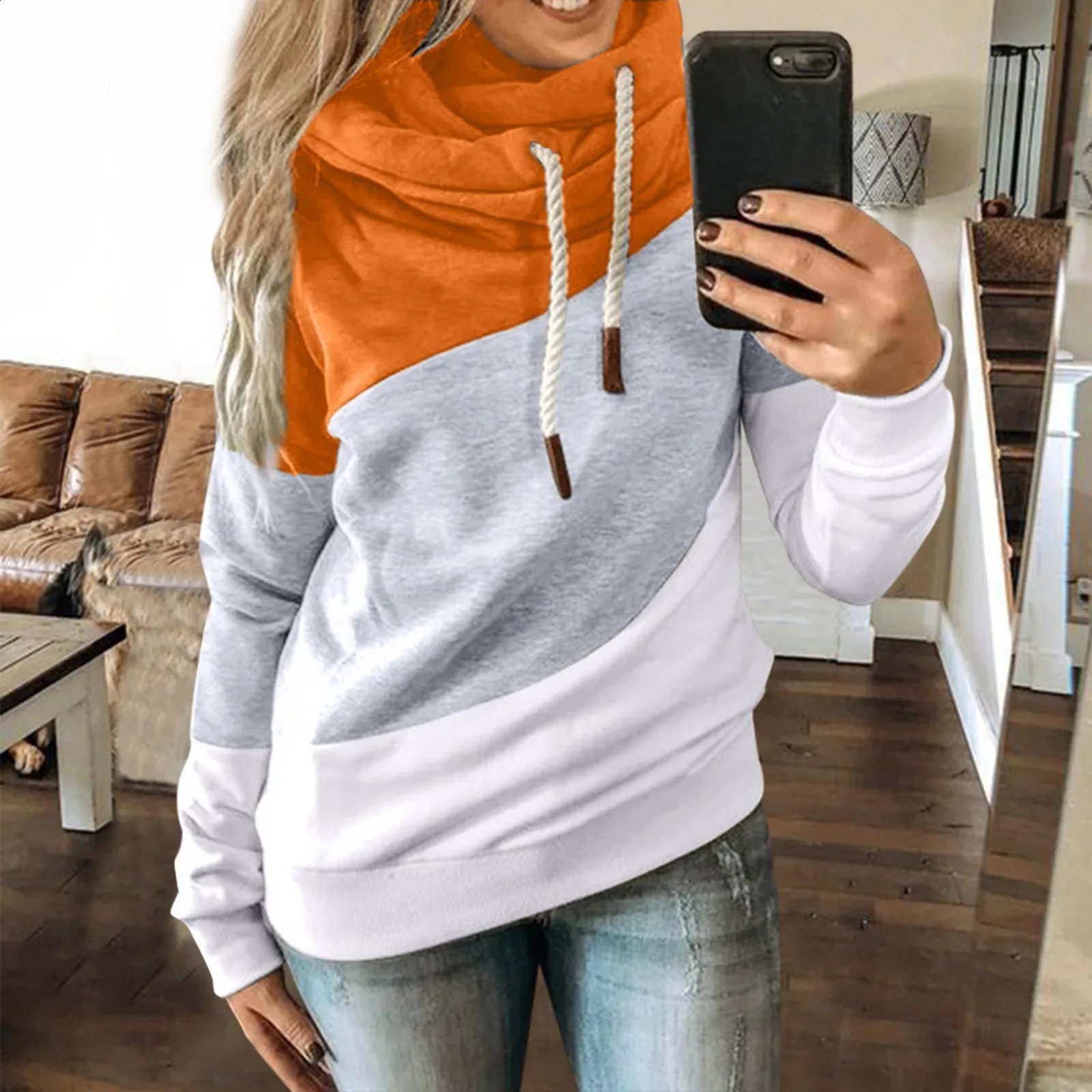 Customized Fashion Women Patchwork Hooded Sweatshirt Leopard Print Drawstring Hoodie Casual Long Sleeve Pullover Tops 240824