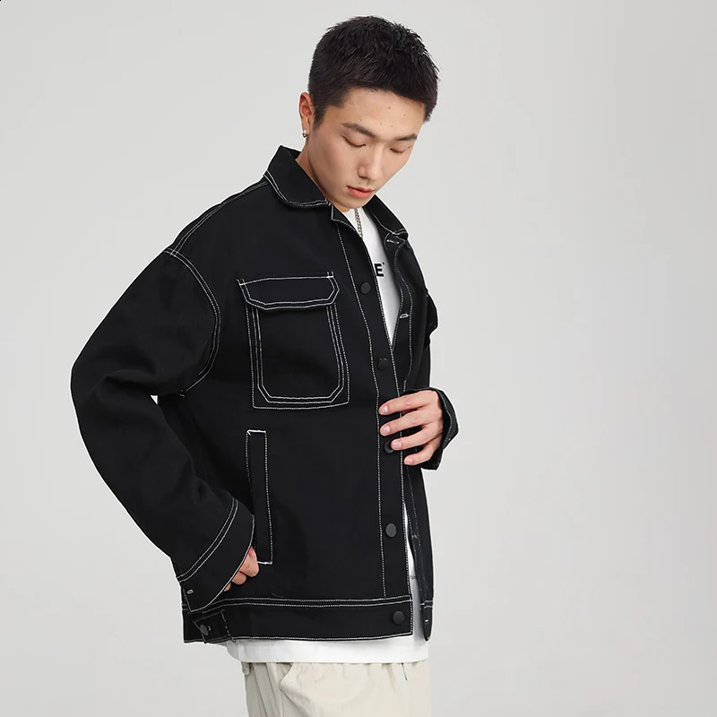contrasting color drop shoulder denim jacket mens black and white fashionable large pocket couple Harajuku Plus size M5XL 240824
