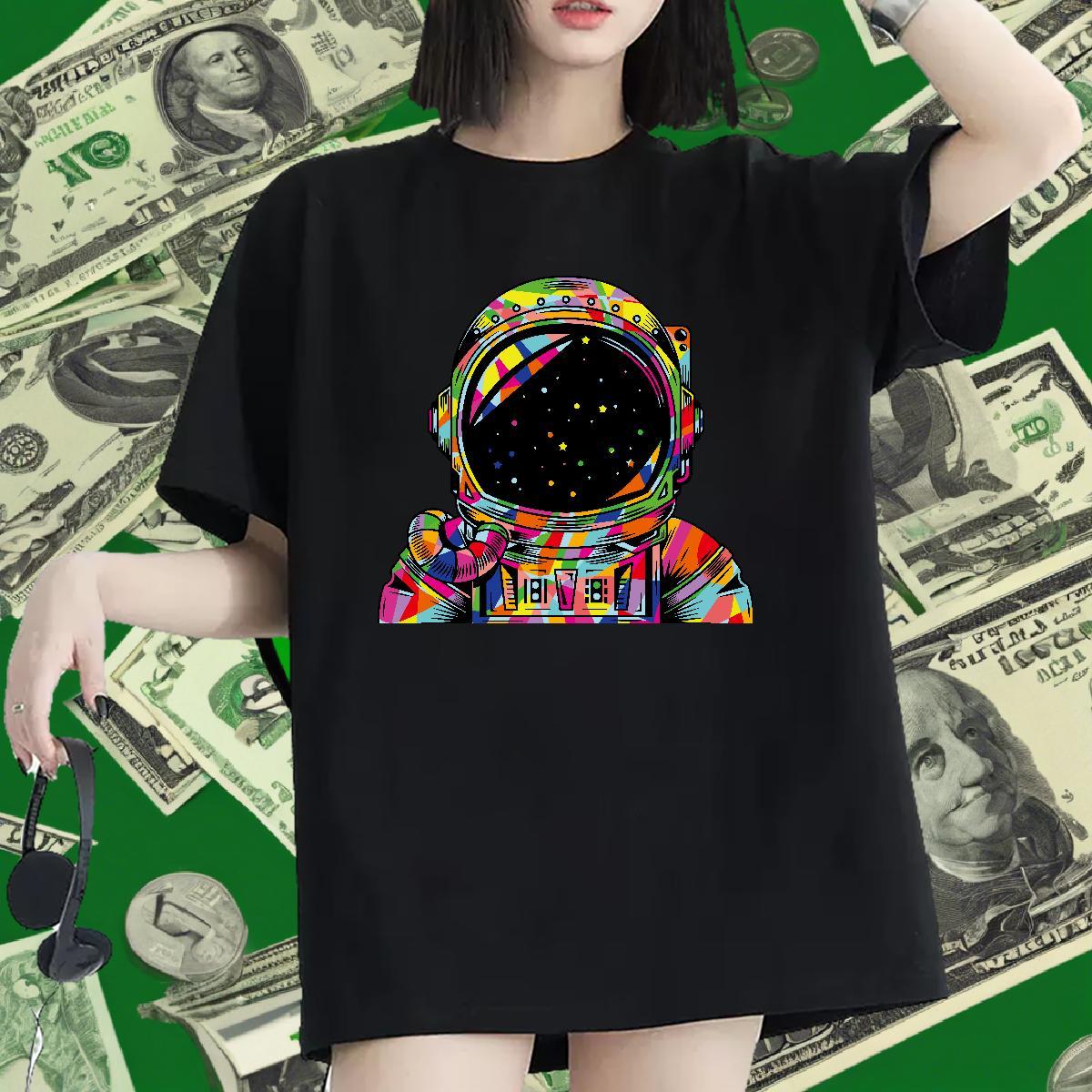 Loose Womens Tshirts 230g Cotton outer space Daily Wear T-Shirts for Women Short Sleeve O-Neck Skull Polos