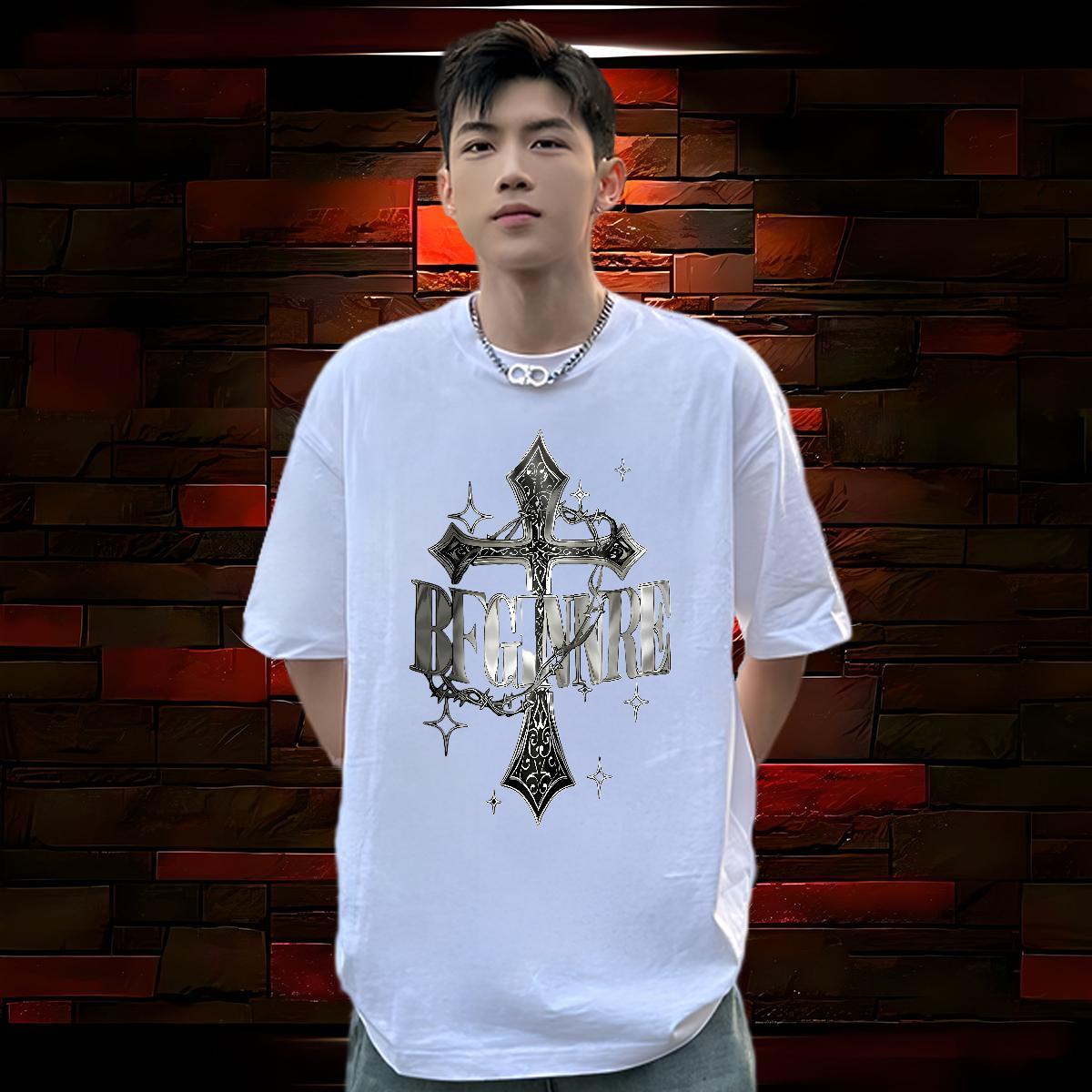 Loose T-Shirts for Men 230g Pure Cotton cross Casual DIY Anime Breathable Crew Neck Couples T Shirts 2024 DIY Tees Shirts