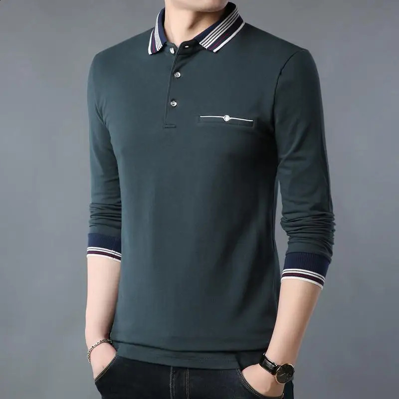 Autumn Mens Pure Cotton Lapel Patchwork Printed Simple Long Sleeved T-shirt Loose and Comfortable Casual Bottom Top 240824