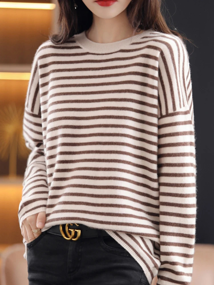 Cashmere Elegant Striped Women Sweater Soft Warm Knitted Basic Pullovers O Neck Loose Female Sweaters Autumn Knitwear Jumper Top 240824