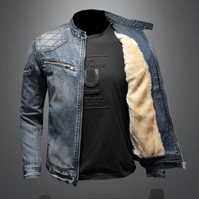 Mens wool thick street clothing denim jacket mens retro blue bomber with velvet windproof 240824