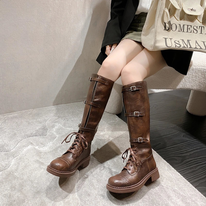2024 Womens Fashion Buckle Knight Boots Autumn Winter Platform Knee High Boots Womens Retro PU Leather Boots 240823