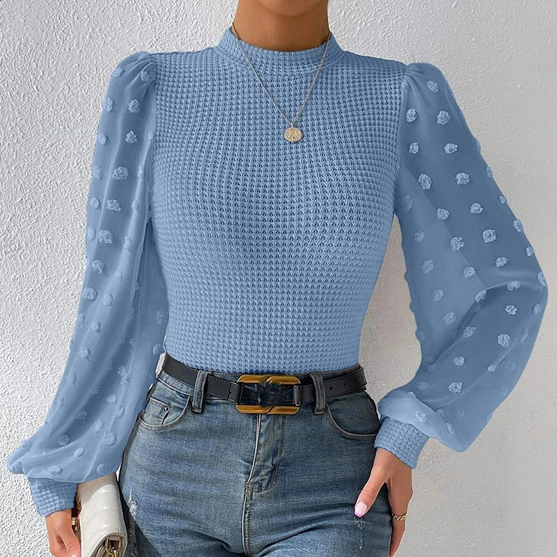 Women Solid Color Jacquard Shirts Mesh Patchwork n See Through O-Neck Puff Long Sleeve Autumn Slim Pullovers Knitted Top 240824