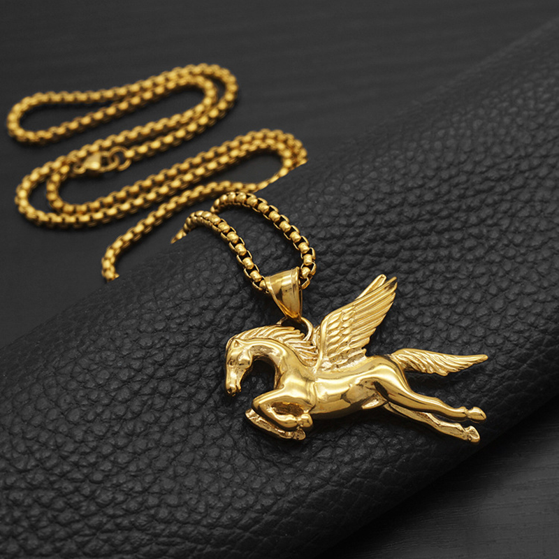 Stainless Steel Pegasus Pendant Necklace 18K Gold Plated No Fade Charm Pegasus Horse Mens Jewelry