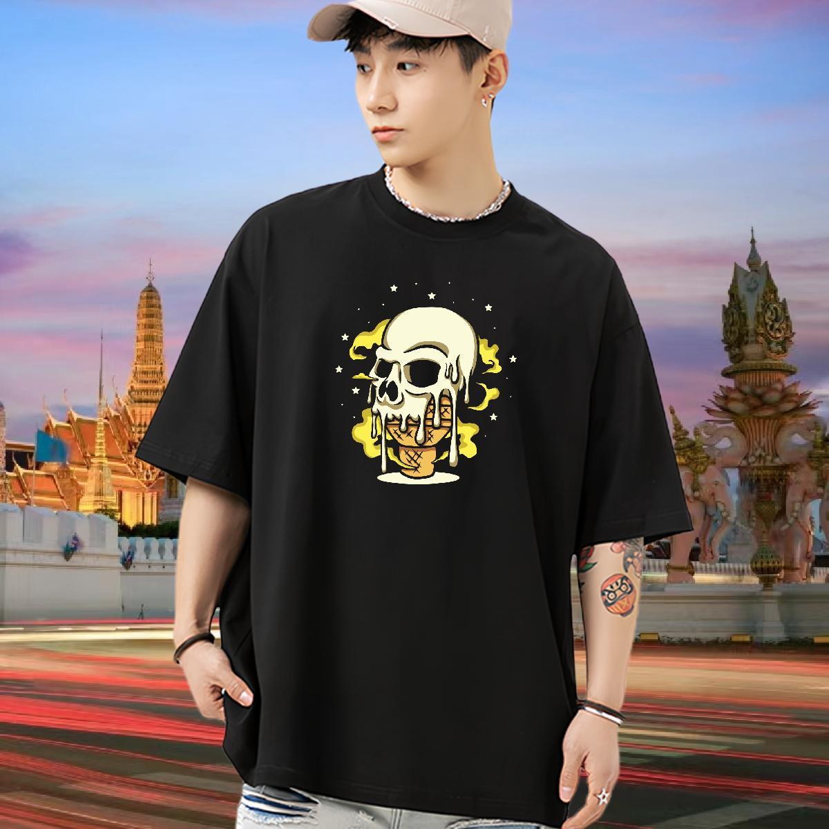 Loose T Shirt For Man 100% Cotton 230g skull Anime Printing Street Oversized 4XL Breathable Men Tshirts Casual New Polos