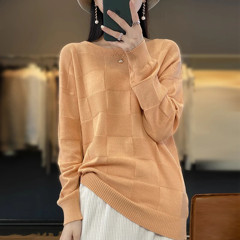 Autumn Winter Women 100% Cotton Soft Sweater Round Collar Square Pattern Pullover Loose Fashion Knitwear Casual Base Top 240824
