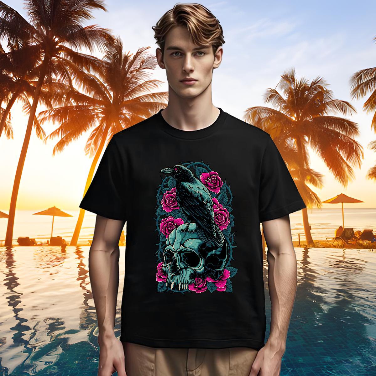Loose Man T Shirts 100% Cotton 230g skull Anime Printing Street Oversized Breathable Short Sleeve Men Tops Tees Wholesale Tshirts