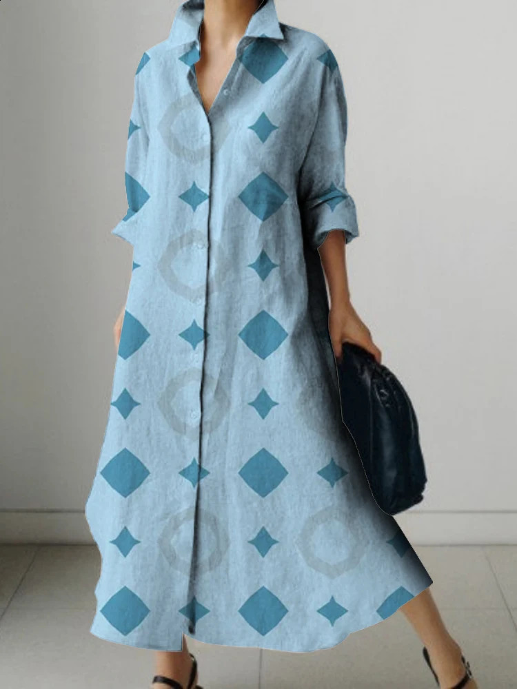 Womens Lapel Shirt Dress Long Sleeves Simple Geometric Print n Loose Dress Breathable Comfortable Spring And Summer 240824