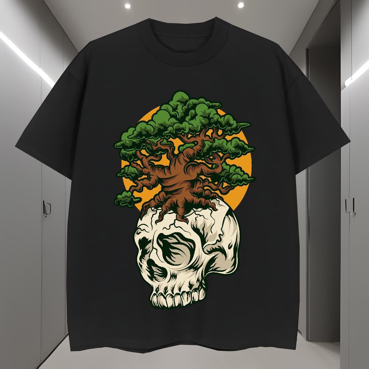 Loose T Shirts Men 230g 100% Cotton skull Hip Hop Black Oversized Breathable Crew Neck Men Tshirts 2024 DIY Clothes