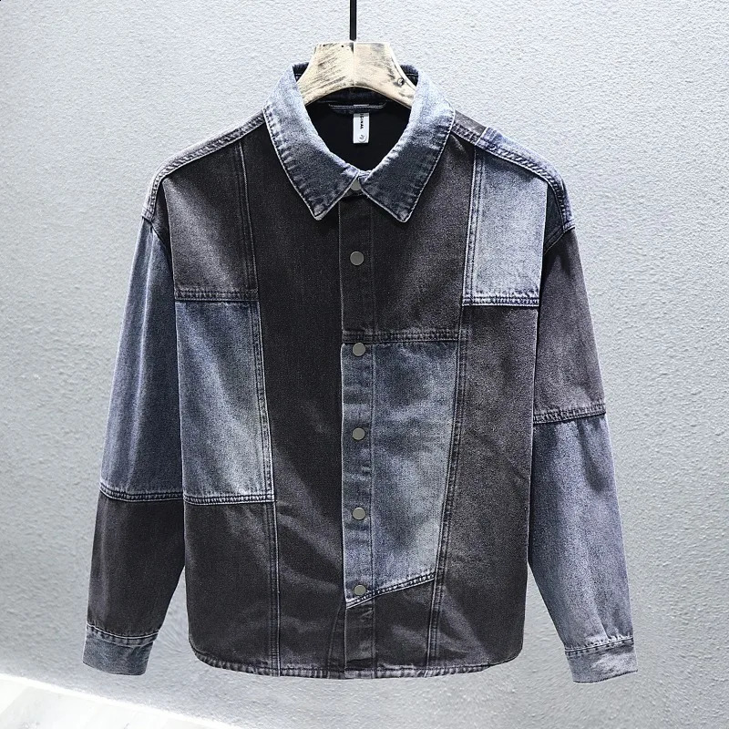 Retro patchwork mens fashionable denim jacket colorful contrasting pockets high street decals hiphop lapel clothing 240824