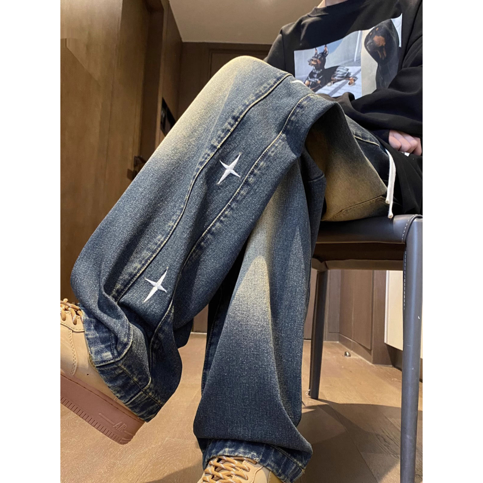 American Hip Hop Star Embroidered Jeans Mens Spring and Autumn New Loose Straight Leg Pants Trendy Brand