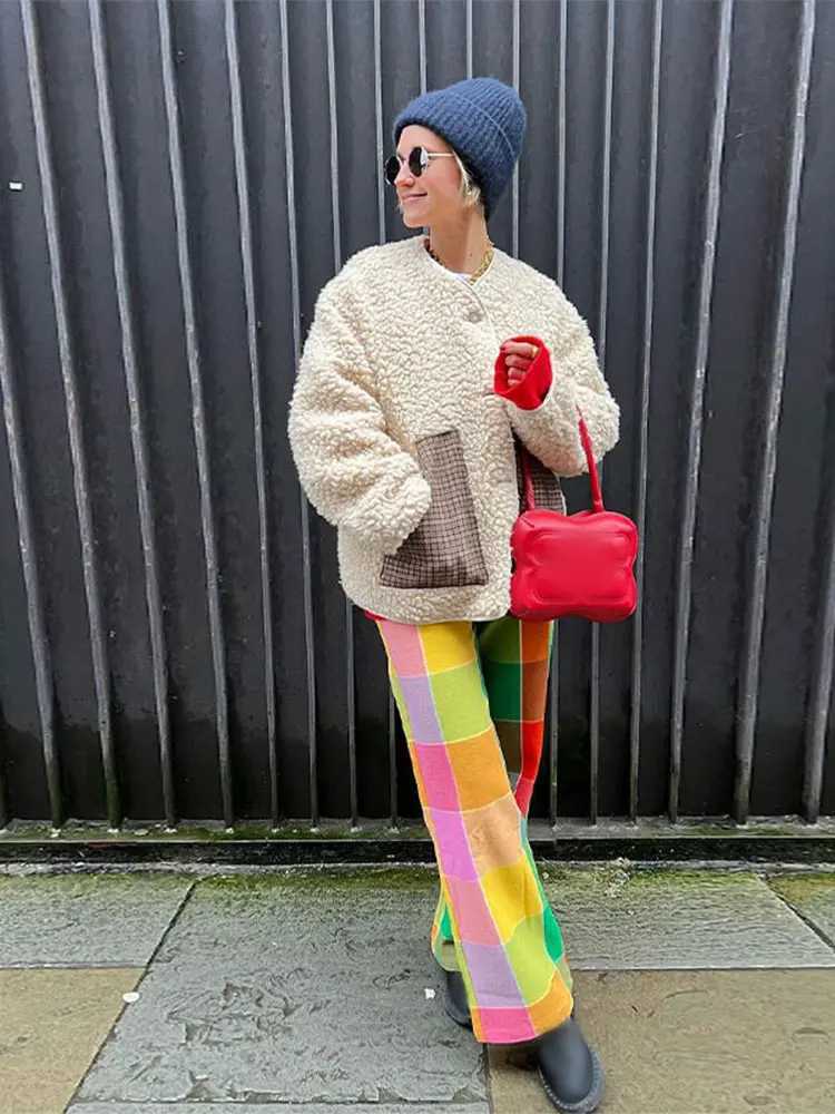 Women's Jackets Fashion Patchwork Packet Lamb Wool Warm Coat Chic O Neck Single Breast Long Slve Cotton Jacket 2024 New Lady Commuting Outwear Y2