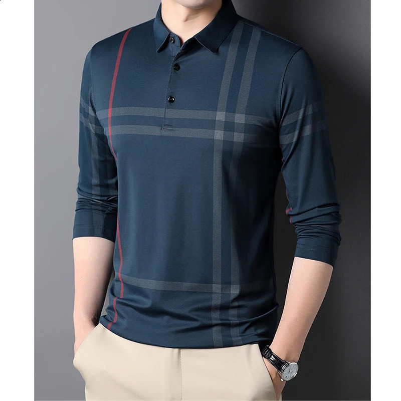 Spring Autumn Business Casual Slim Polo Shirts Men Korean Fashion Striped Lapel Button Long Sleeve T-shirt Ropa Hombre 240824