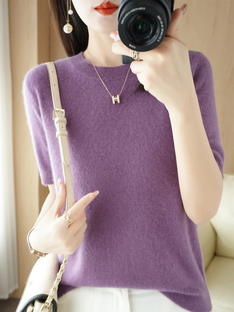 Chic Women Summer T-shirt O-neck Short Sleeve Pullover Sweater Merino Wool Knitwear Basic Soft Clothing Korean Style Tops 240824