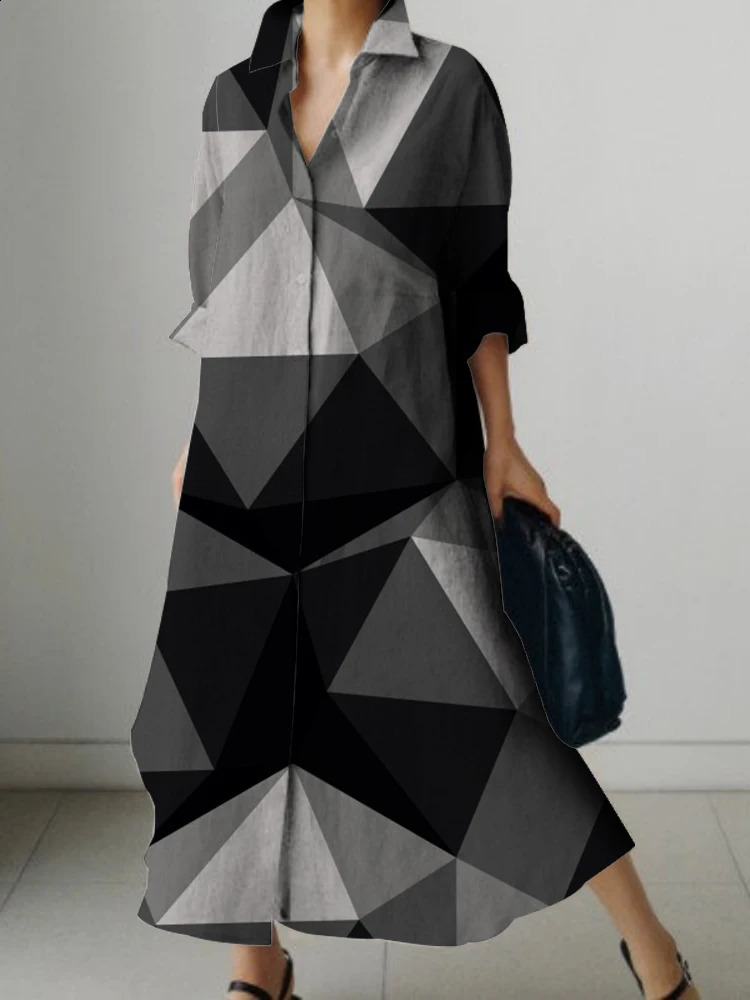Long Sleeve Lapel Shirt Dress Long Skirt Geometric Print n Womens Loose Dress For Spring And Summer Breathable Comfort 240824