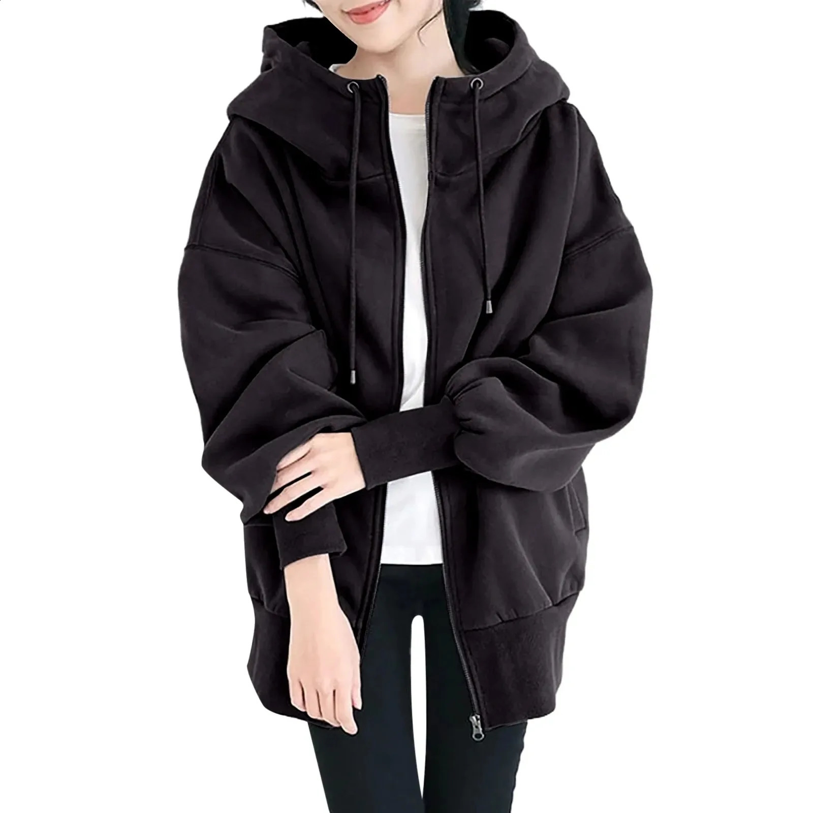 Oversized Loose Hoody Sweatshirts Casual Tie Collar Long Lantern Sleeve Solid Color Zip Up Hooded Coats Outwear JYFS-4451 240824