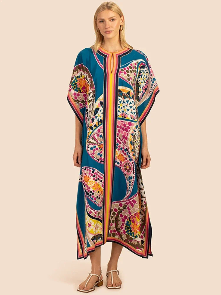 Printed Kaftans Womens Beach Cover Beach Maxi Bohemian Dress Beach Wear Pareo Swimsuit Factory Supply Direct 240824