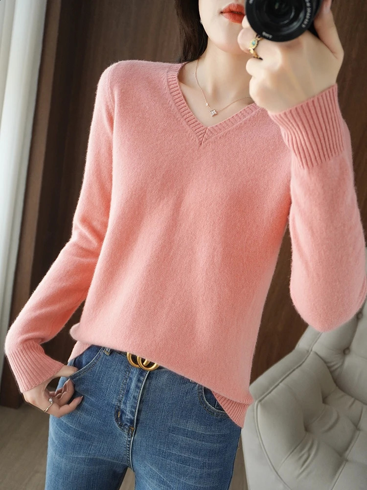 Wool Sweater Cashmere Pullover Women V-Neck Long Sleeve Soft Basic Solid Color Knitwear Clothing Tops 240824