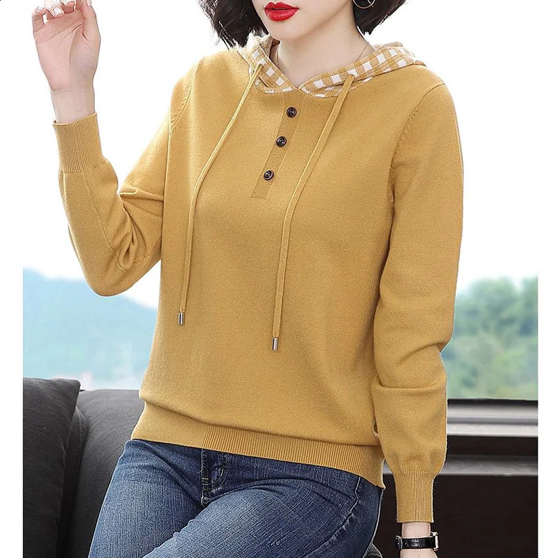 Autumn Hooded Versatile Pullover Top Drawstring Patchwork Button Long Sleeve Solid Women Casual Straight Knitted Sweater 240824