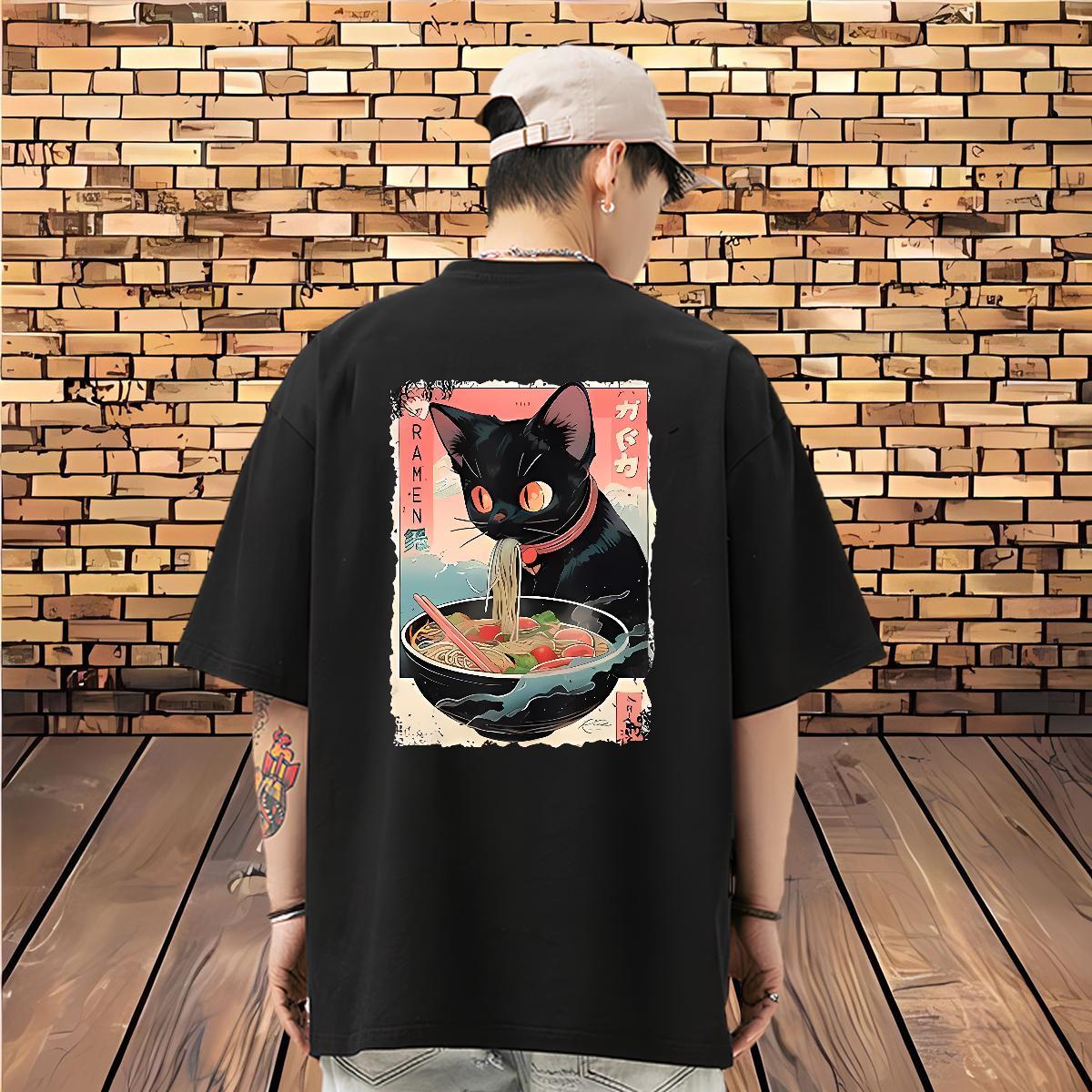 Stylist Men Clothes T-Shirt The cat eats ramen noodles Street wear Hip Hop 230g 100% Cotton Wear Crew Neck Breathable Classic Man T Shirts DIY Printed